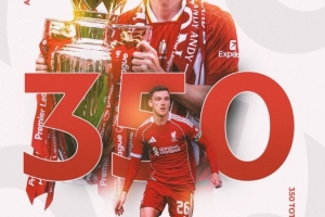 罗伯逊达成利物浦生涯350次出场里程碑，贡献12球68助攻